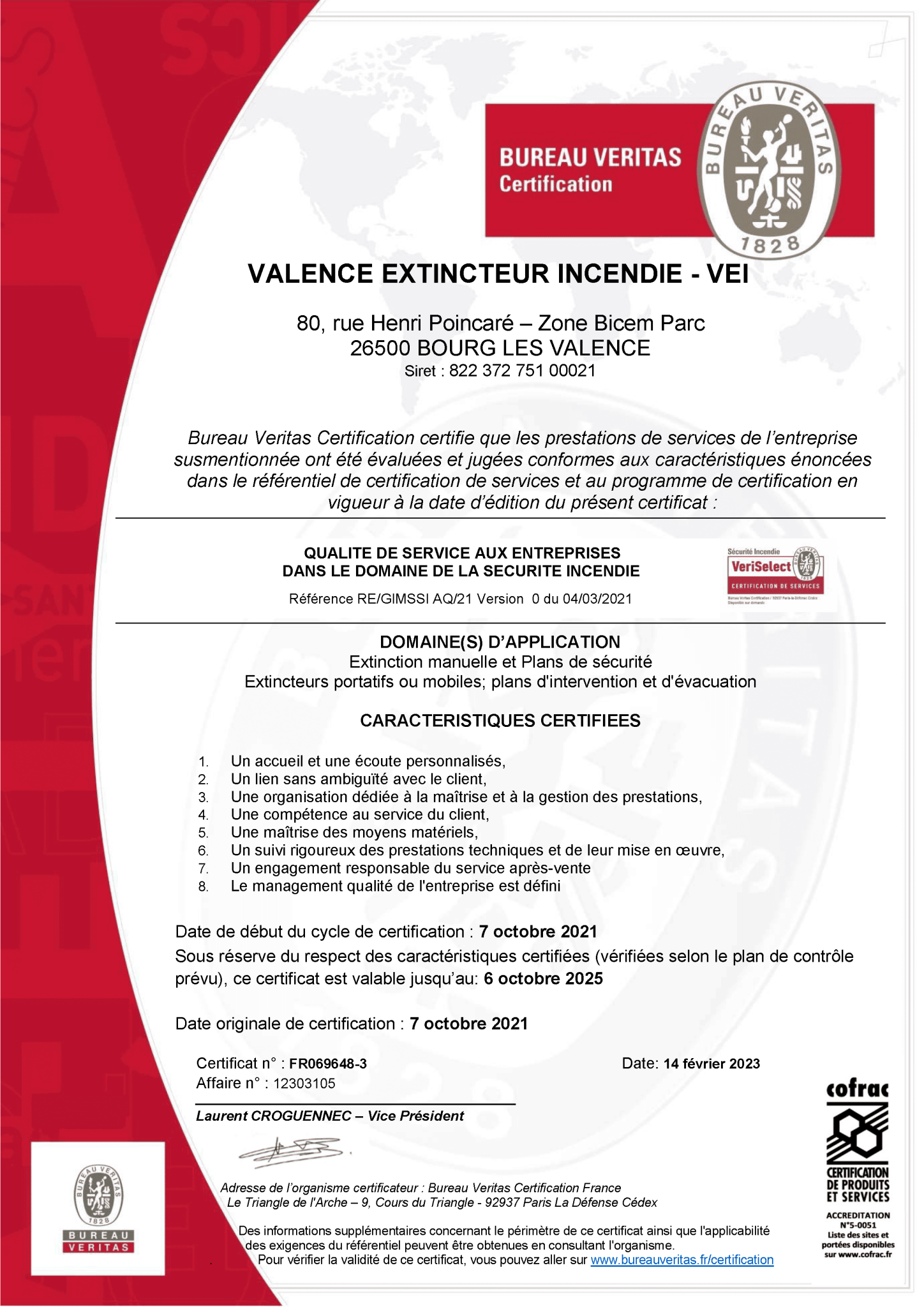 Certificat vériselect VEI VALENCE EXTINCTEUR INCENDIE